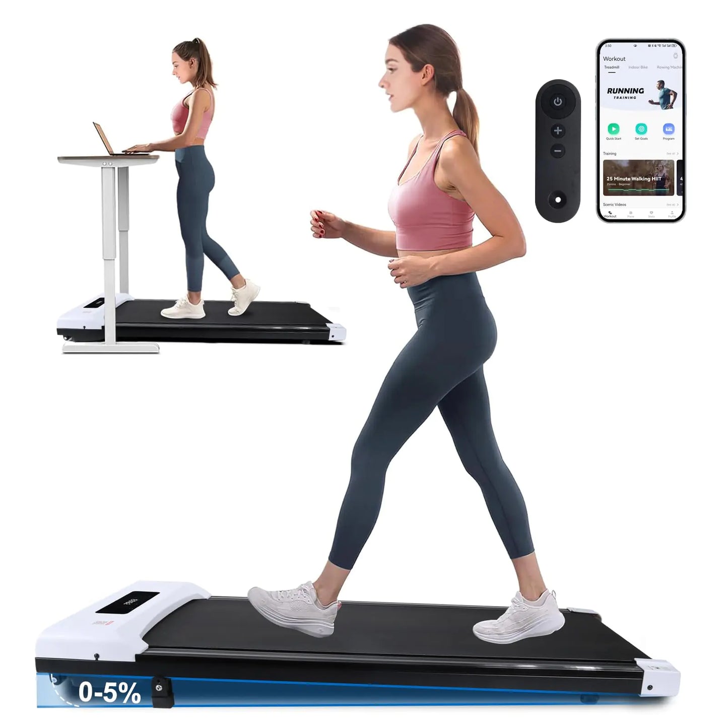 Portable Walking Pad Treadmill with 5% Incline Under Desk Treadmill W/FITSHOW Apps & Remote Control 2.5 HP 300LB Capacity